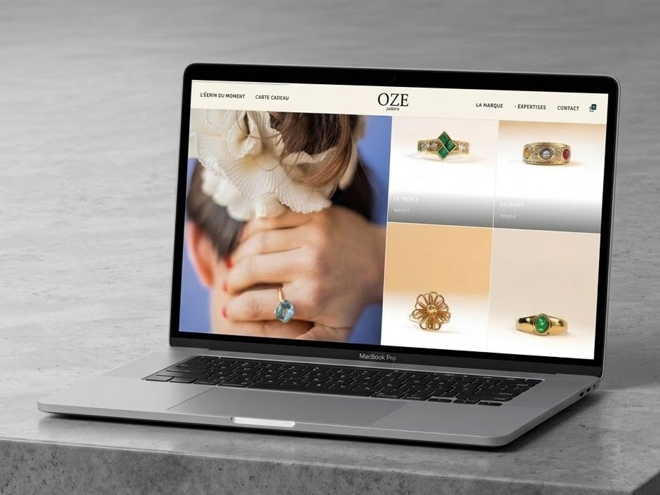 Boutique en ligne Oze Joaillerie réalisée par Webiteasy, affichée sur un ordinateur portable