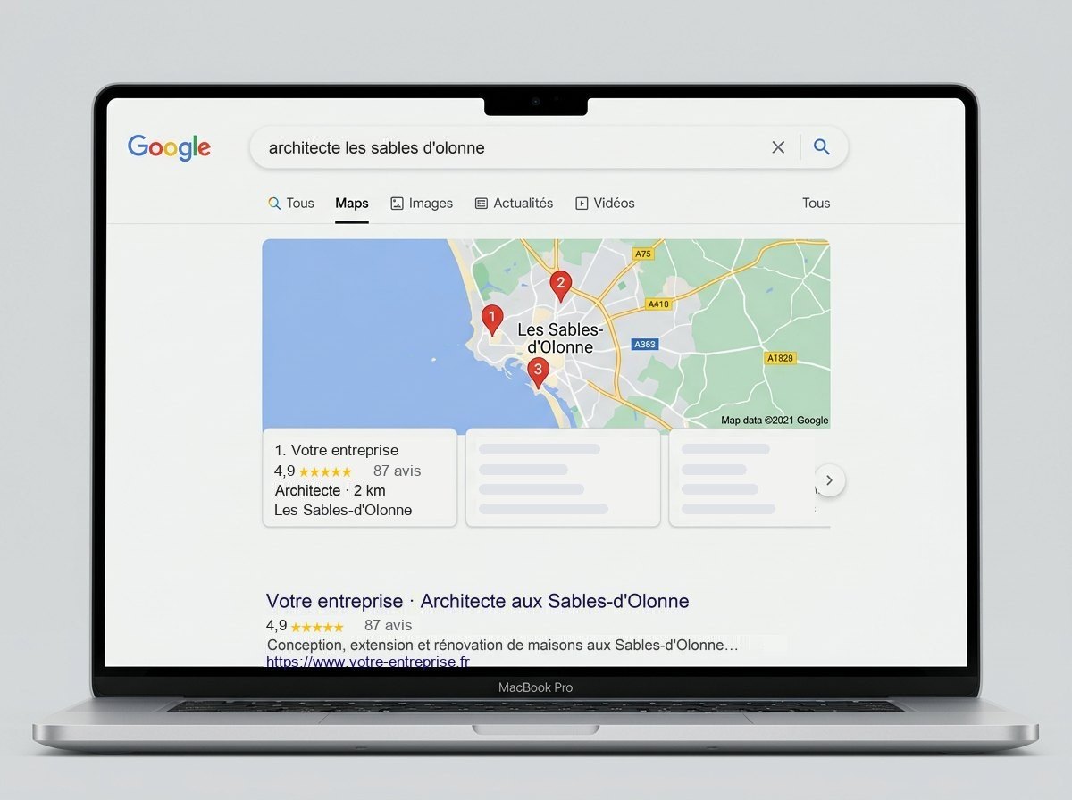 Exemple de recherche Google locale « architecte les sables d’olonne », avec l’entreprise d’un client en tête